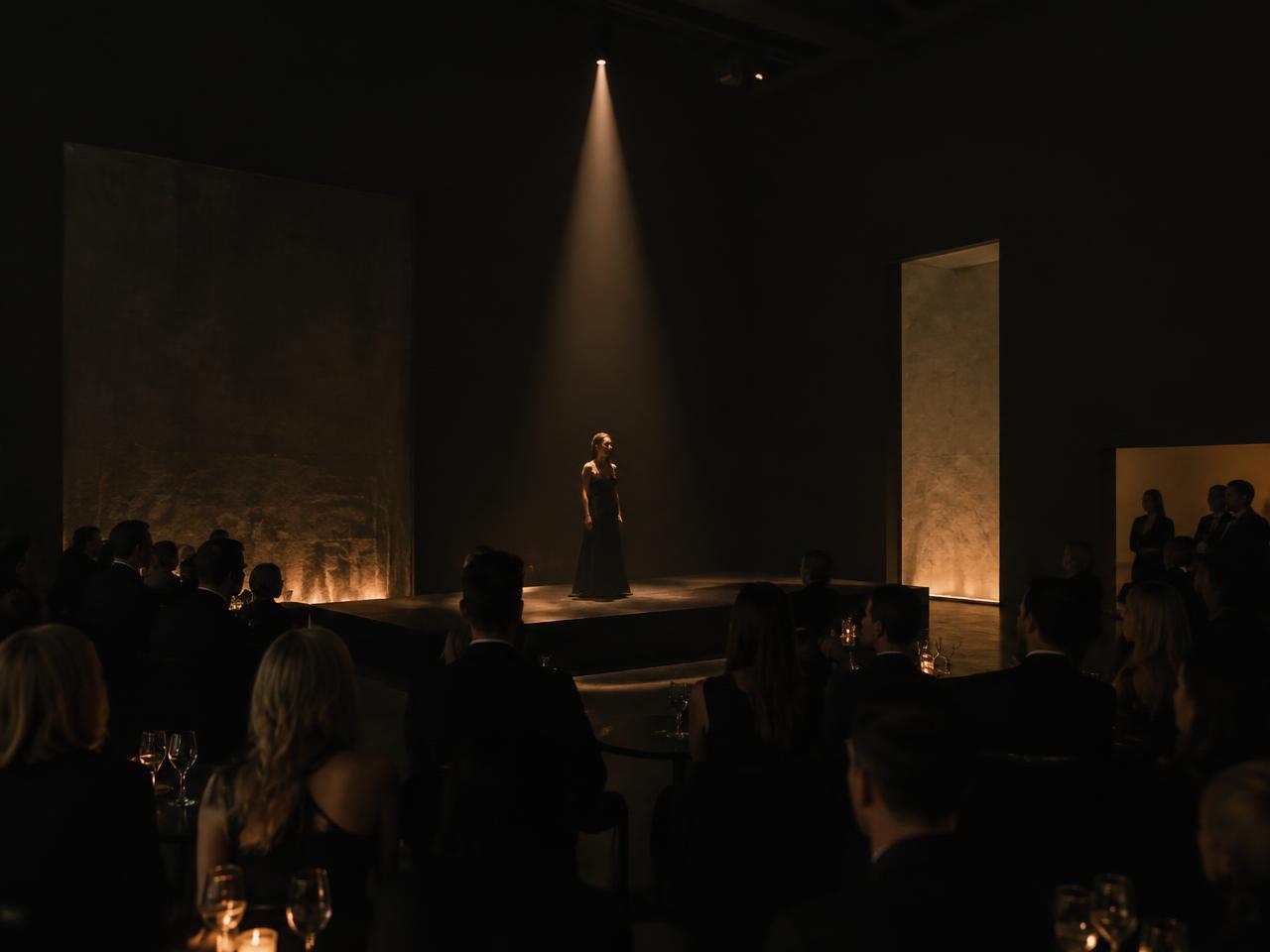 Solo performer under a single spotlight at an invitation-only brand event in a dark gallery space