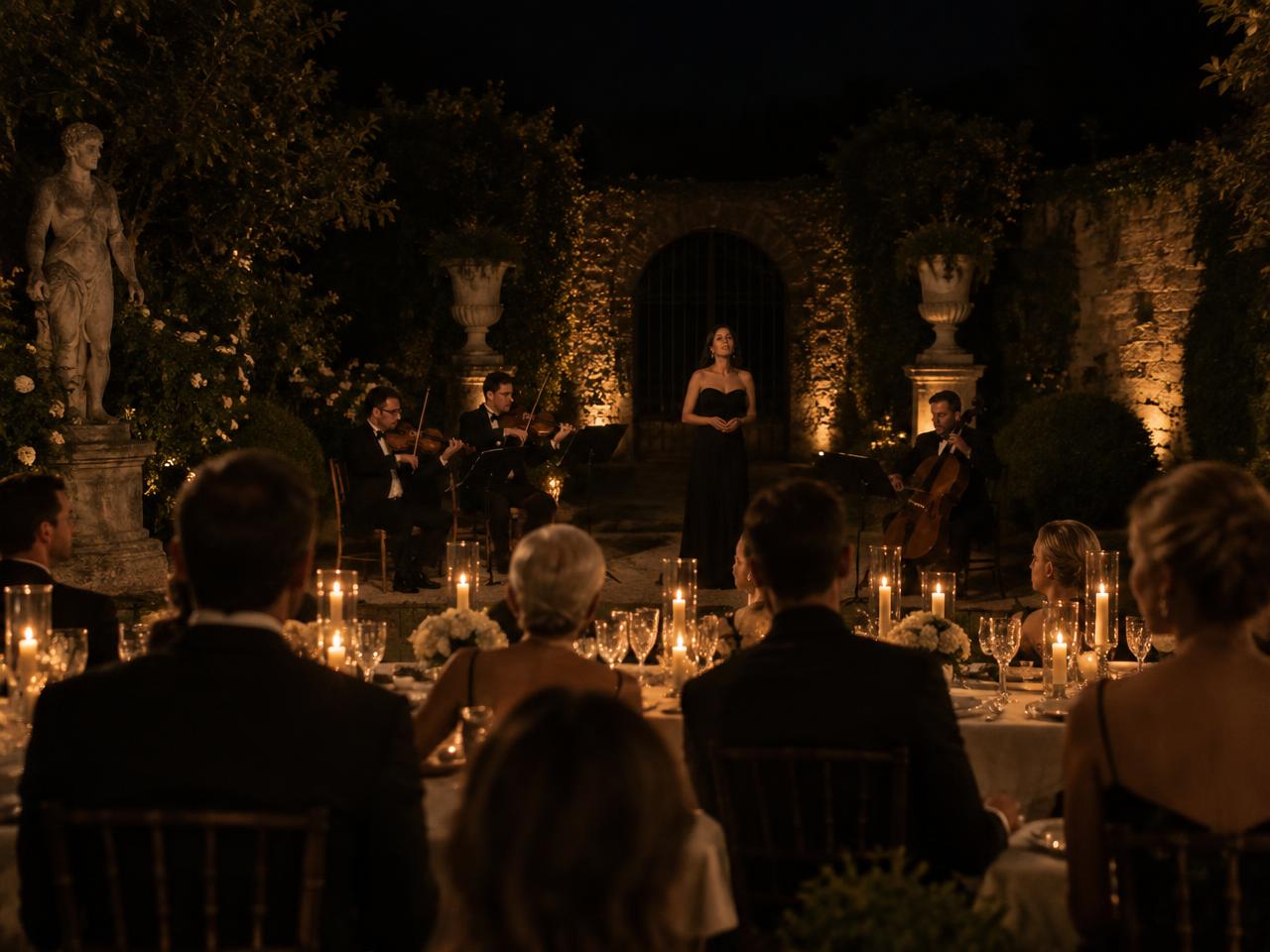 Candlelit private dinner in a walled garden with a vocalist and string quartet performing at night
