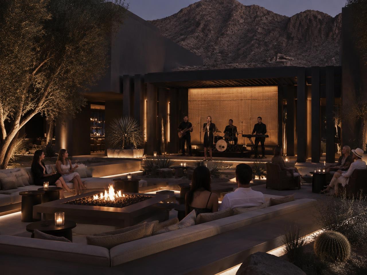Live band performing in a warmly lit pavilion at a luxury desert resort courtyard