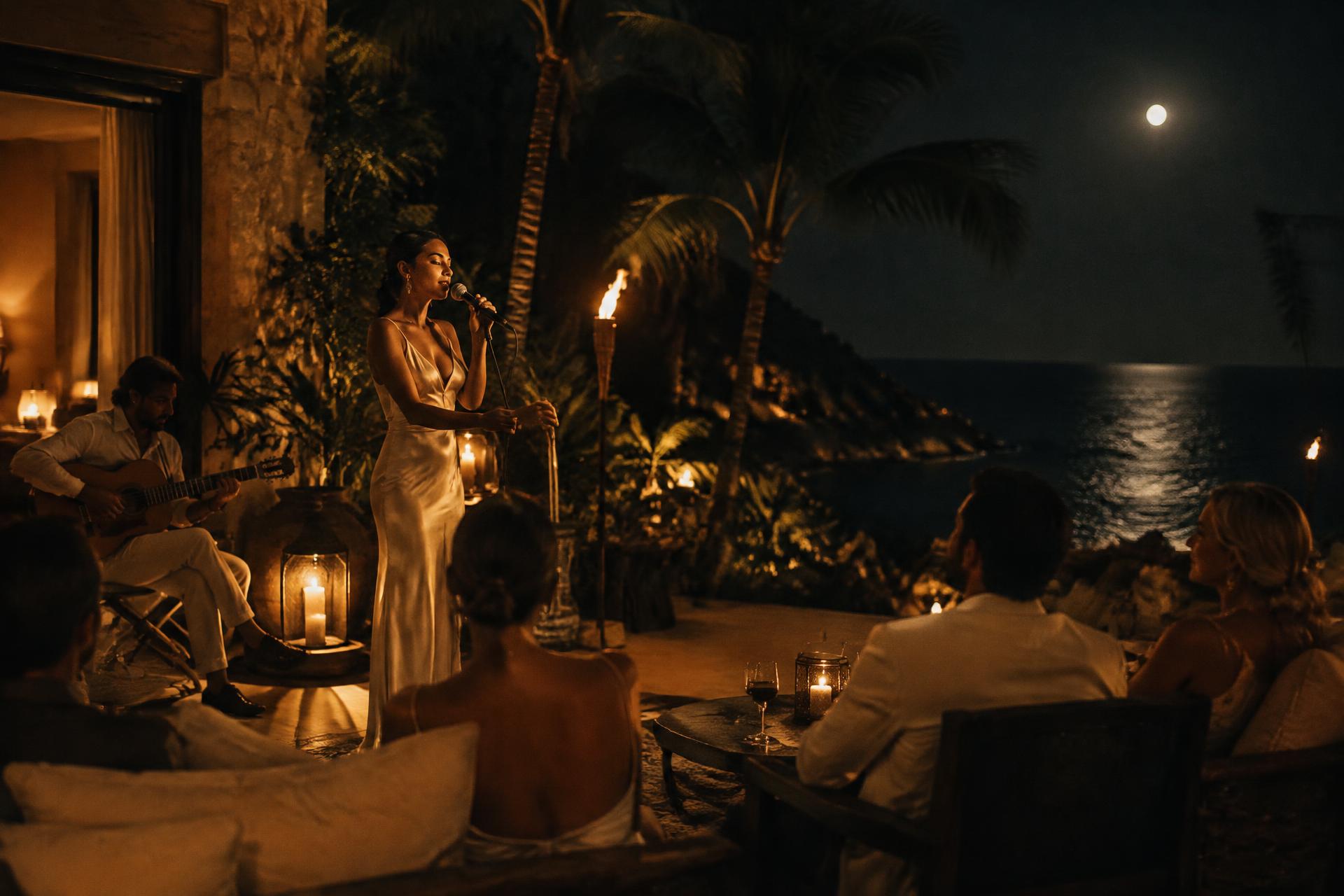 Intimate live performance on a torch-lit terrace of a private island villa above the ocean at night