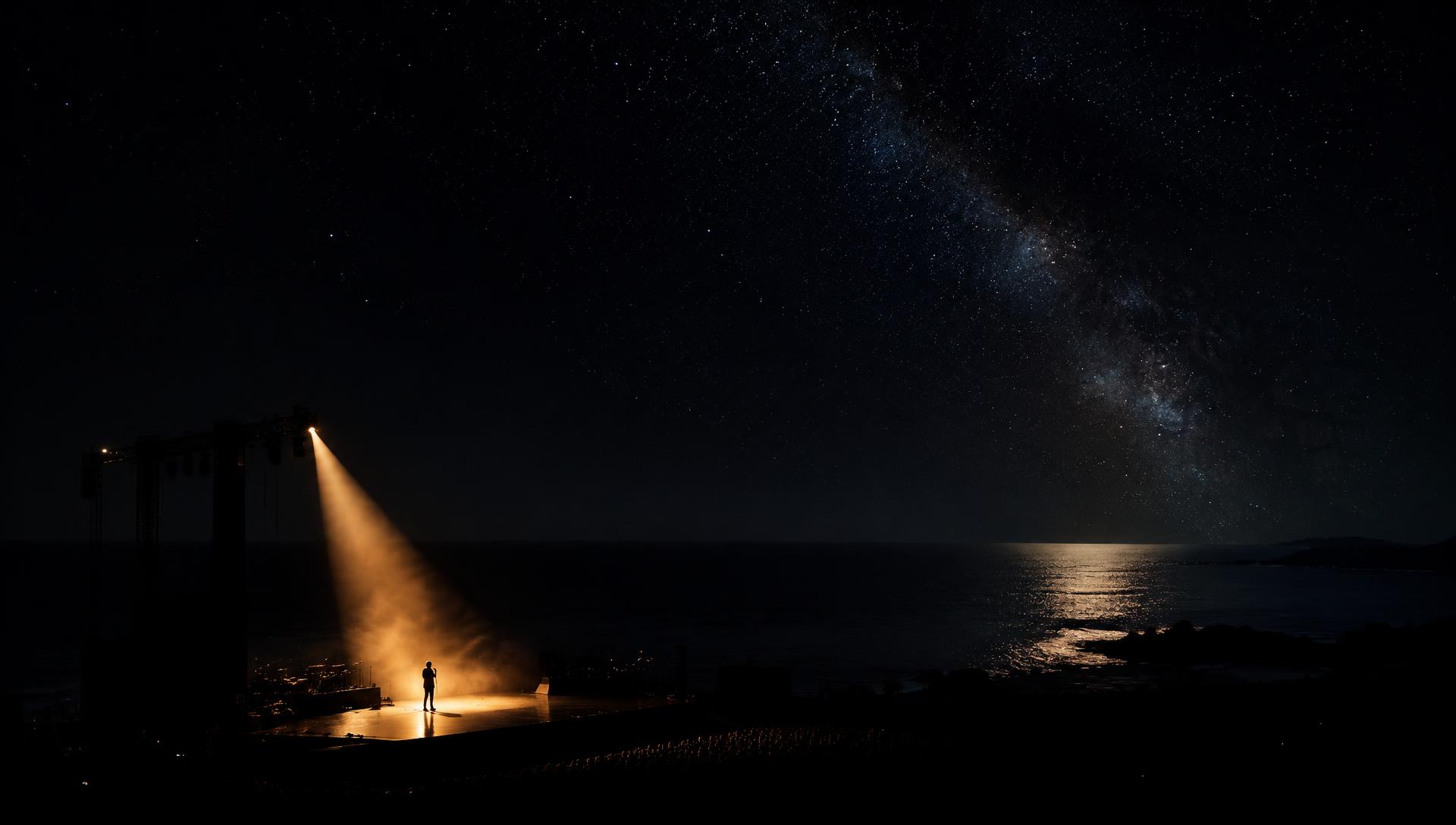 Lone artist lit by a single spotlight on an open-air stage above a moonlit ocean